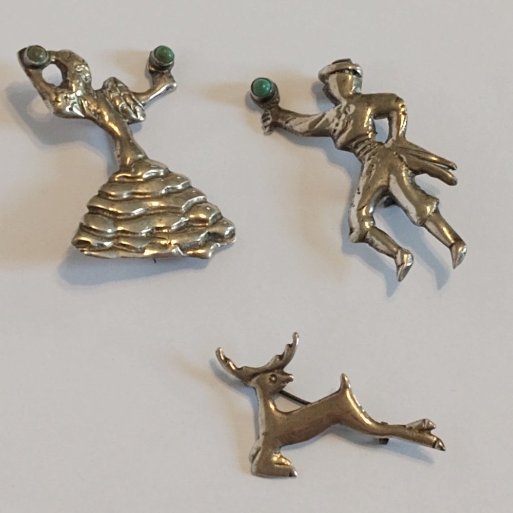 Set of three vintage Mexican silver & turquoise pins - dancers and deer